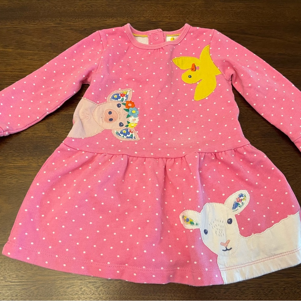 Baby Boden Pink Polka Dot Dress with Farm Animal Appliques 12-18 months
